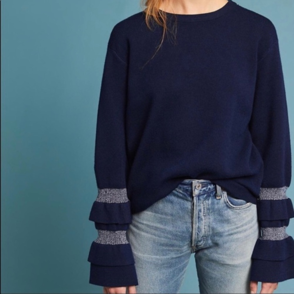 Anthropologie Moth Nilla Ruffle Sleeve Navy Sweater